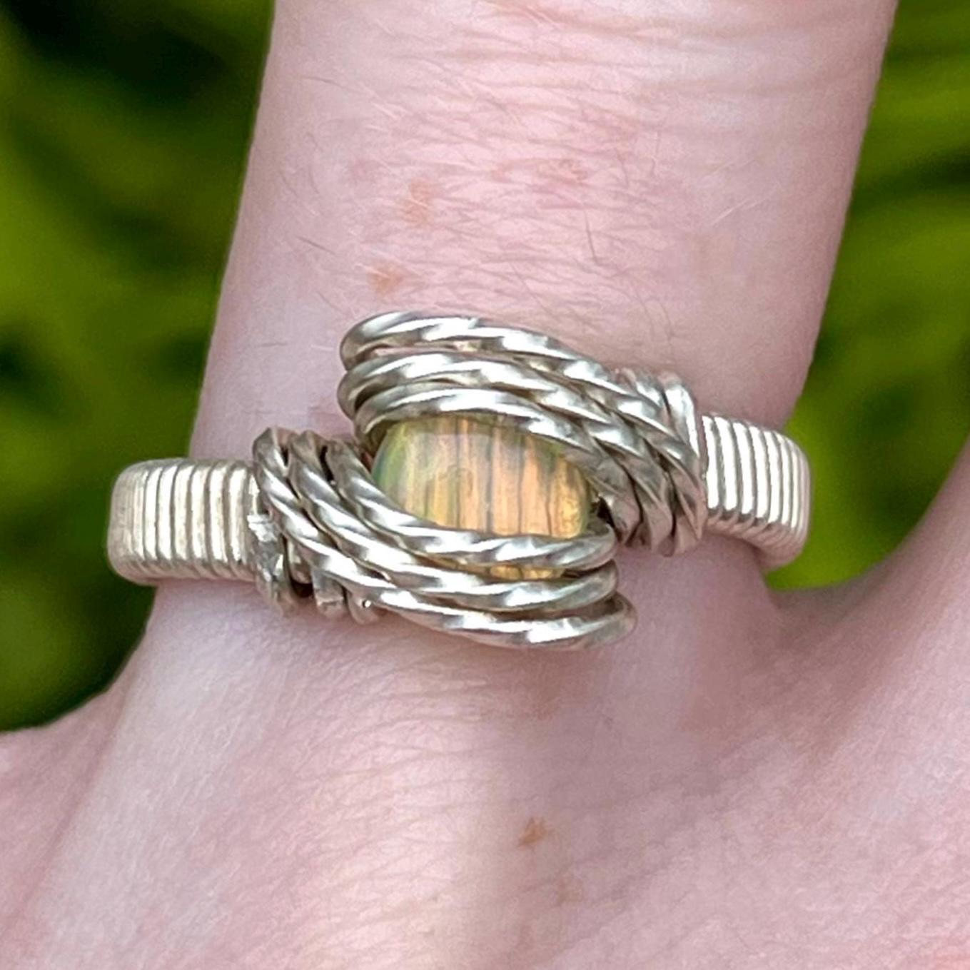 Size 6 Sterling Silver Wire Wrapped Opal Ring
