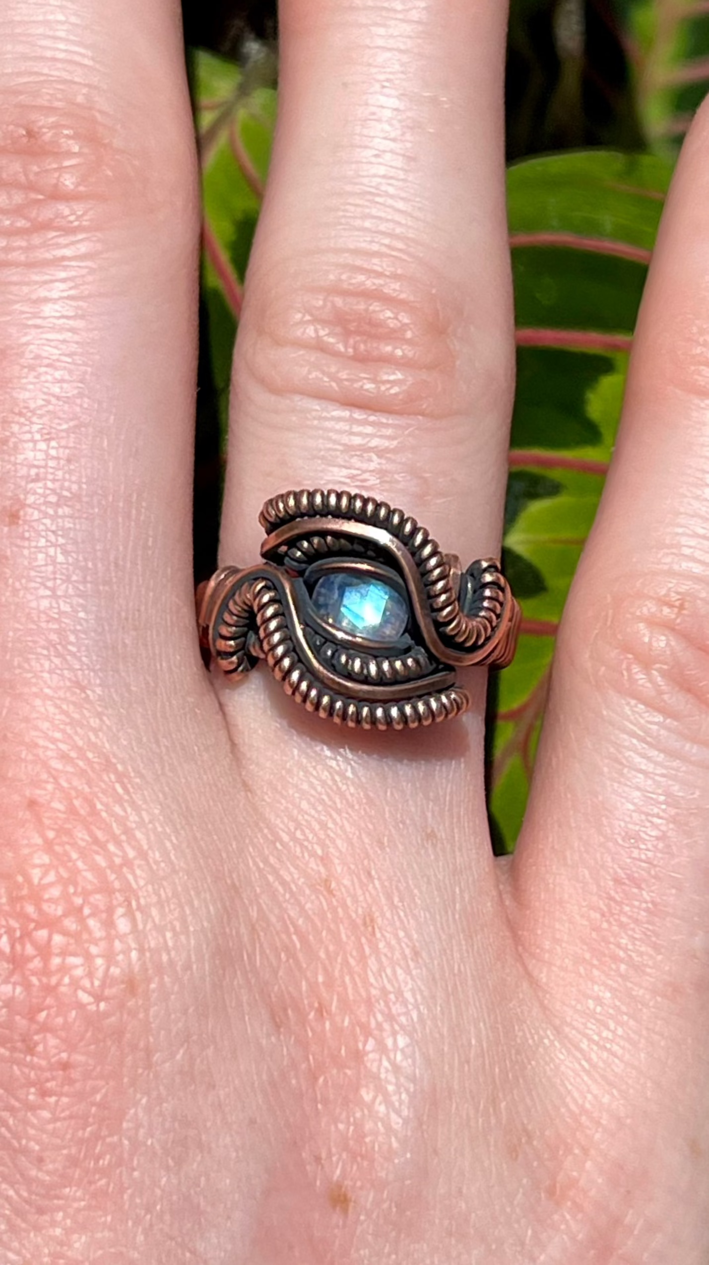Size 6.5 Copper Wire Wrapped Rainbow Moonstone Ring