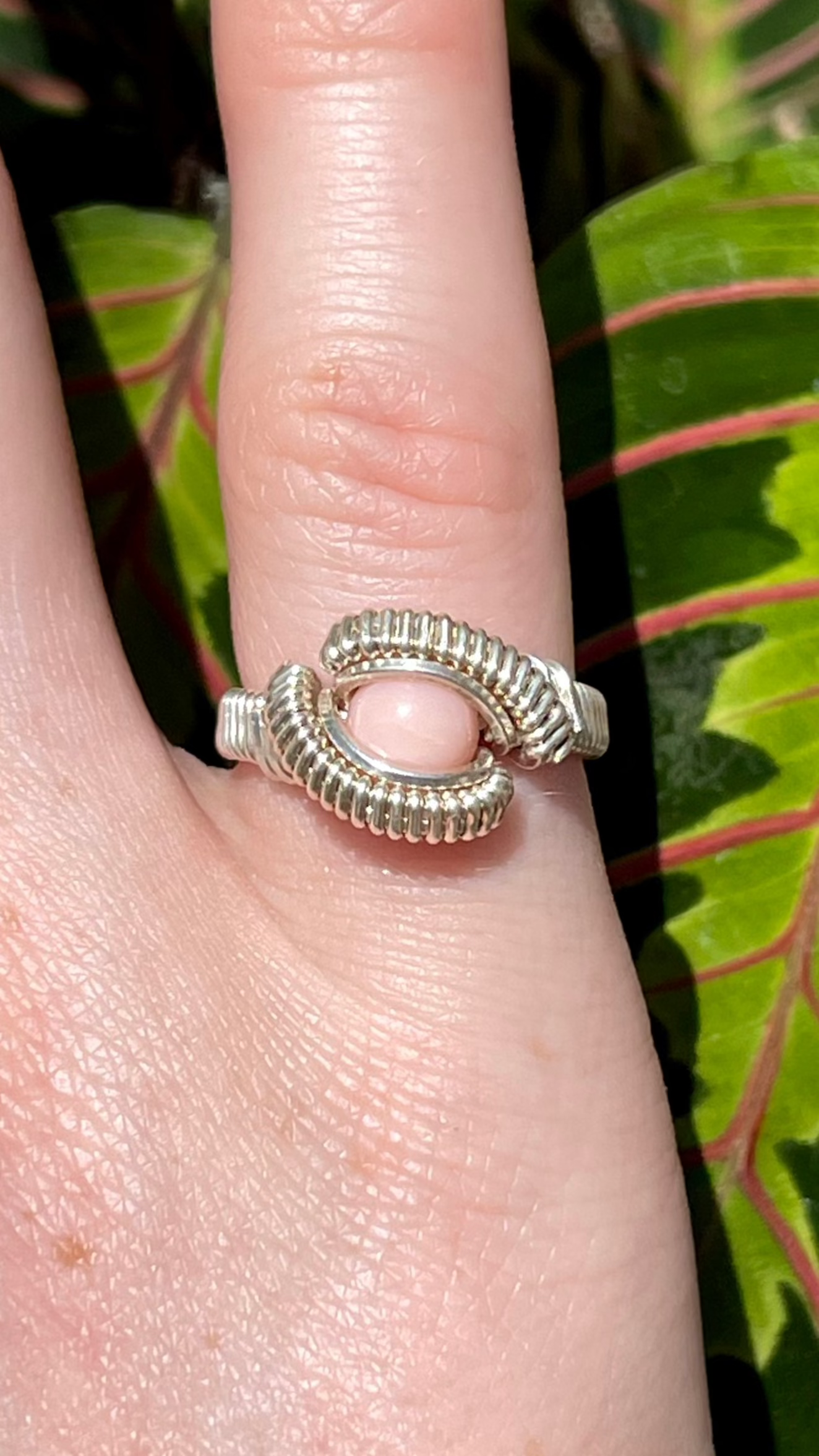 Size 4.5 Sterling Silver Wire Wrapped Pink Opal Ring