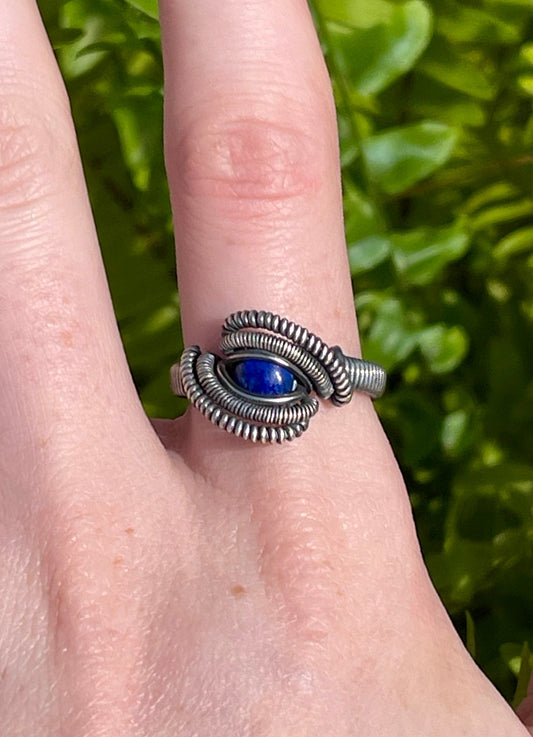 Size 9 Sterling Silver Wire Wrapped Lapis Lazuli Ring