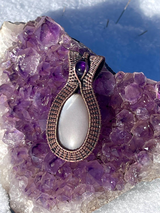 Copper Wire Wrapped Chocolate Moonstone Amethyst Pendant