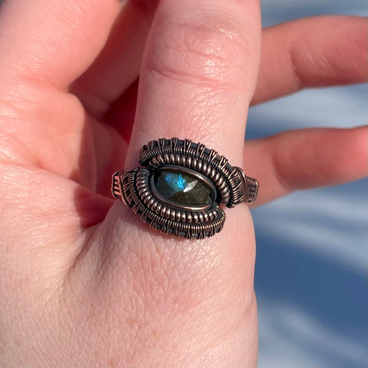Size 10 Copper Wire Wrapped Faceted Labradorite Ring