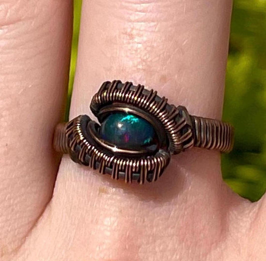 Size 8 Copper Wire Wrapped Black Opal Ring