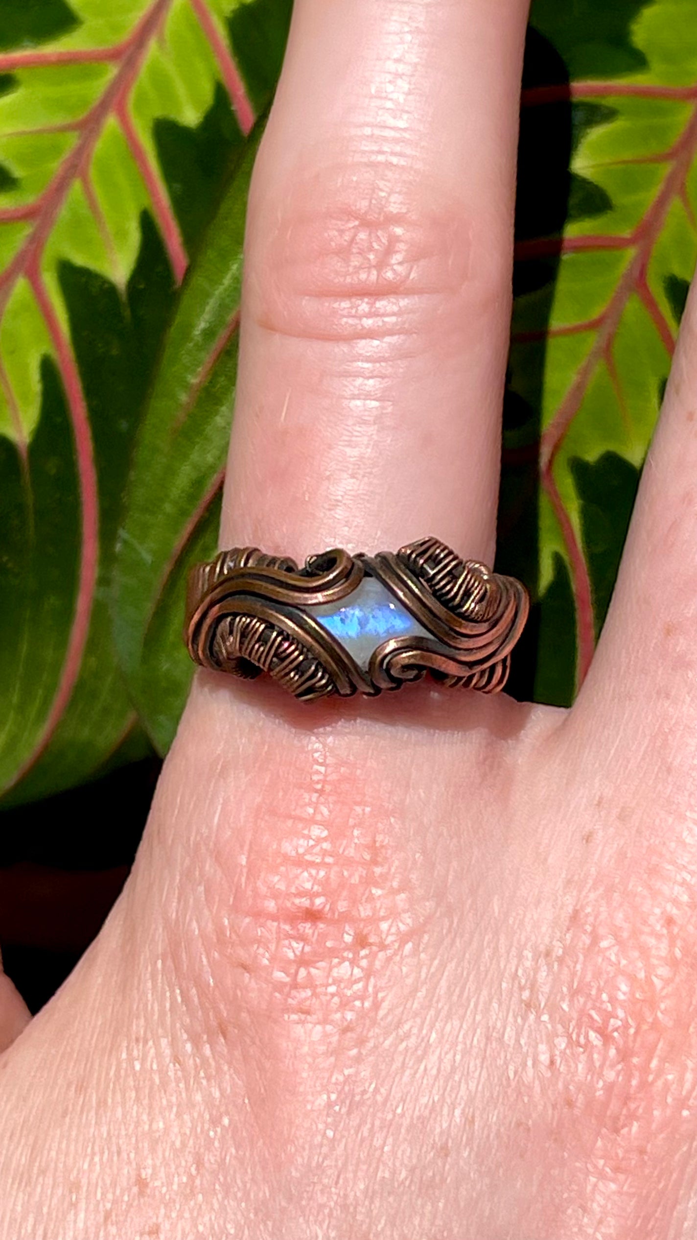 Size 9 Copper Wire Wrapped Rainbow Moonstone Ring